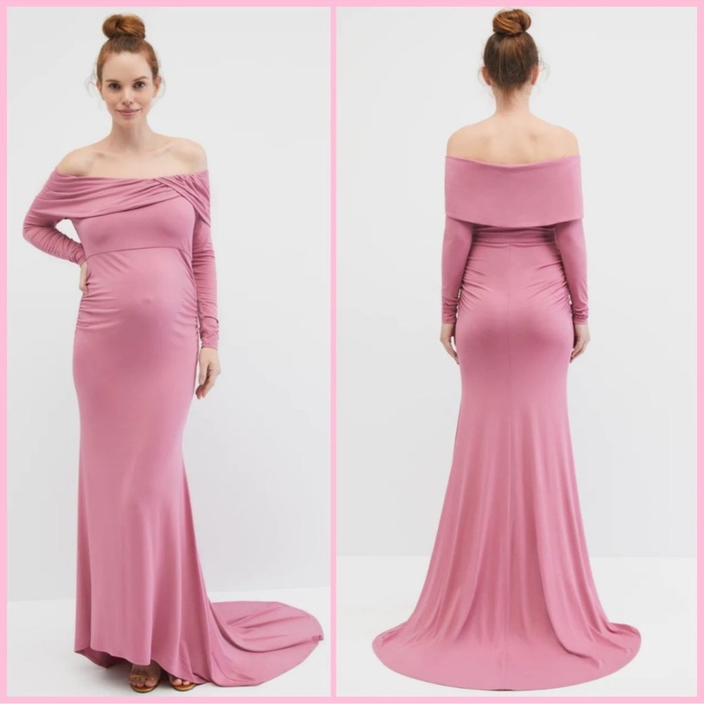Motherhood Maternity Pink Rose Long Sleeve Off The Shoulder Maxi Gown Dressin L